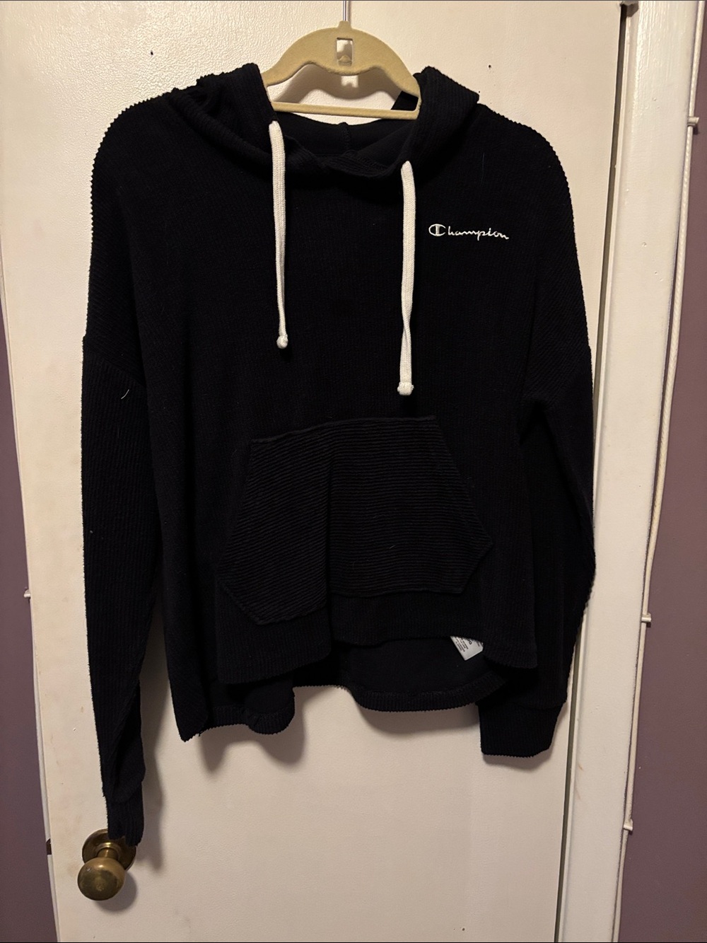 Champion Black Hooded Waffle-Knit Pullover with White Drawstrings